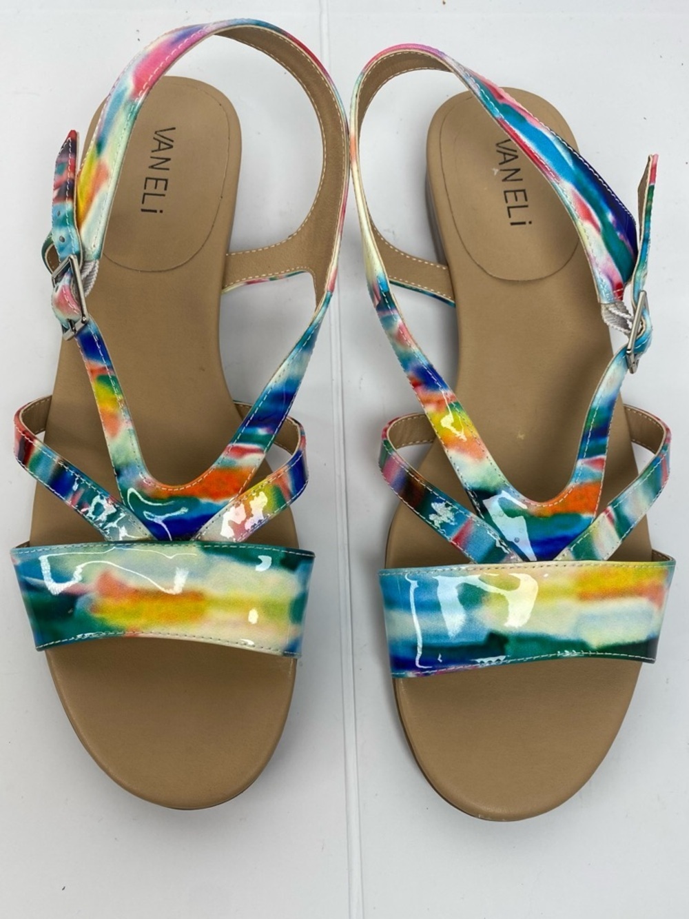 Vaneli Byrd 9 Multi Colored Rainbow Patent Leather Strappy Slingback Sandals